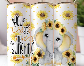Baby Elefant Sonnenblumen Du bist mein Sonnenschein - 20 Unzen Sublimationsbecher Design PNG Digital Download NAHTLOS