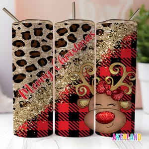 Merry Christmas Reindeer Leopard Buffalo Plaid Design - 20oz Sublimation Tumbler Design PNG Digital Download