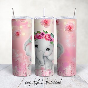 Éléphant avec Roses - 20 oz Sublimation Tumbler Design - Téléchargement numérique PNG