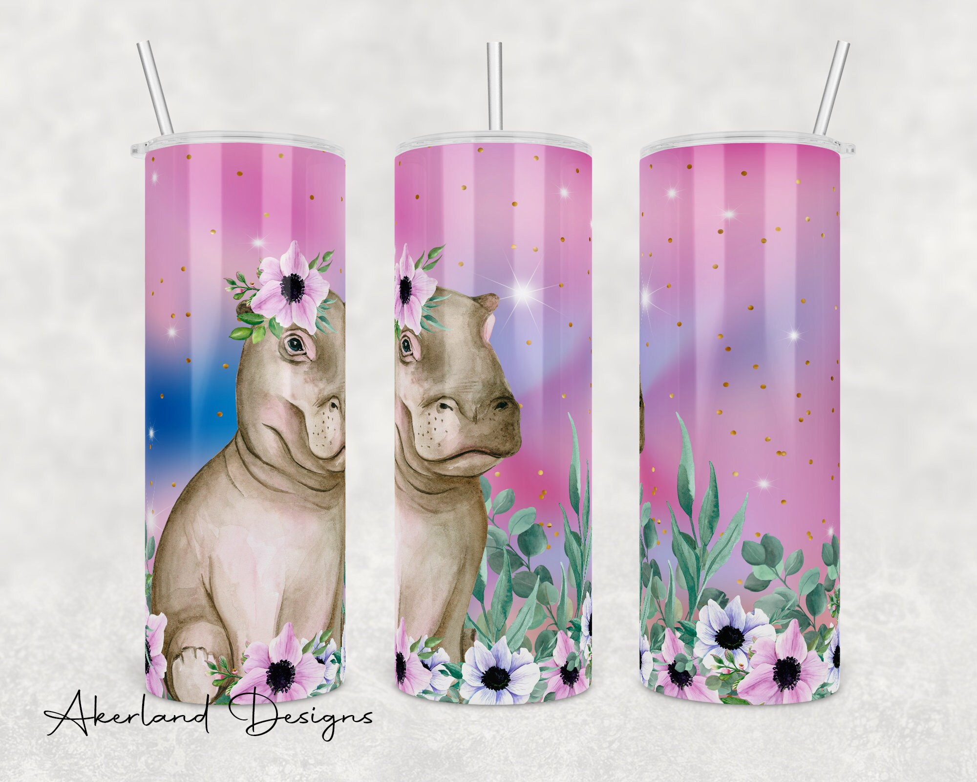 Hippo 20 oz Skinny Tumbler PNG ~ Baby Hippo Digital Sublimation Design ~  Cute Hippo Tumbler Wrap PNG ~ Pink Glitter ~ Hippo Sublimate PNG