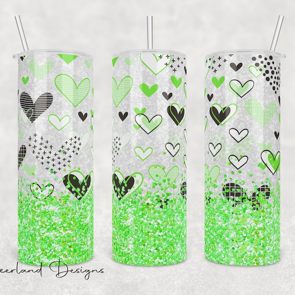 Valentines Green Heart Sparkle 20oz Sublimation Tumbler Design - PNG Digital Download