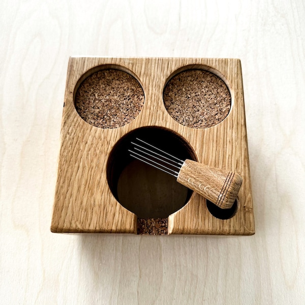 Tamper stand with 3 slots and optional WDT tool, 58mm tamper holder, OAK, Coffee bar accessories
