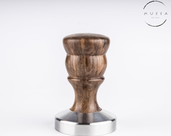 Handmade espresso coffee tamper made of walnut and stainless steel, Hera model, Engraved coffee tamper