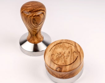 Espresso tamper and distributor made of olivewood and stainless steel