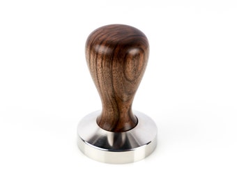 Handmade espresso coffee tamper made of walnut and stainless steel, Artemis model, Engraved coffee tamper