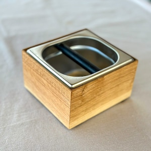 Knock box -- oak wood and stainless steel, stainless steel coffee knock box, espresso dump box, espresso dump bin