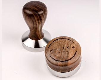 Espresso tamper and distributor made of walnut and stainless steel