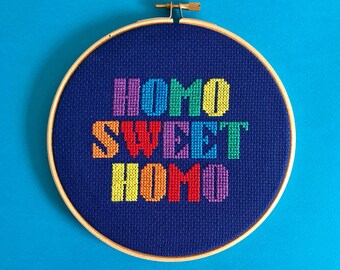 Completed cross stitch - Homo Sweet Homo - LGBT gift - new home gift - LGBT housewarming gift - finished cross stitch - graphic font stitch