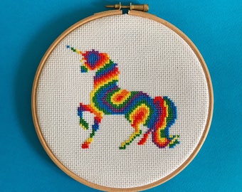 Rainbow unicorn 6 inch cross stitch kit, a fun and easy kit for beginners