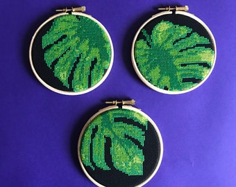 Tropical decor, monstera cross stitch pattern, lush green decor, triple hoop pattern, botanical xstitch chart, tropical theme pattern, pdf