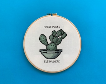 Pricks, Pricks, Everywhere subversive 8 inch cross stitch cactus kit