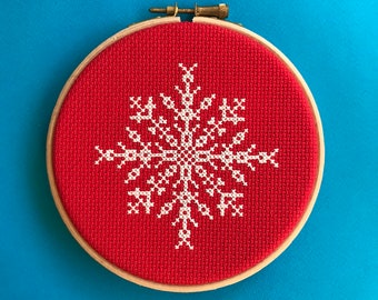 5 inch snowflake cross stitch kit with hoop included, on 14 count Christmas red aida