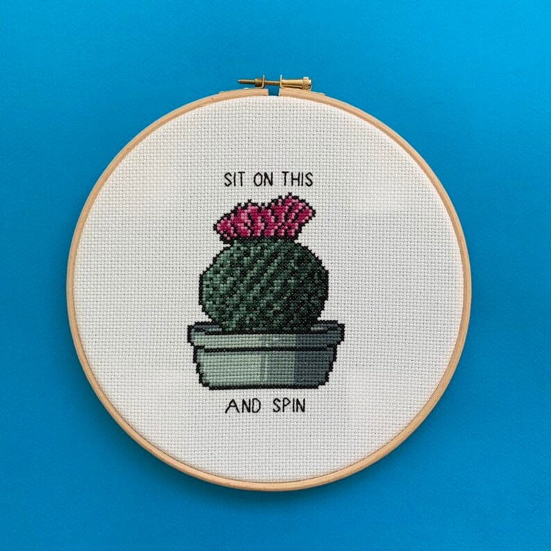 Sit on this and spin Cactus themed, subversive cross stitch pattern supplied as PDF file image 1