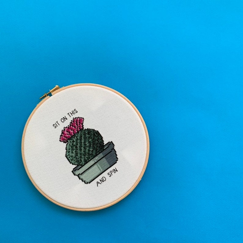 Sit on this and spin Cactus themed, subversive cross stitch pattern supplied as PDF file image 2