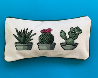 Trio of cactus cross stitch kit - 16 count aida fabric - finished as a cushion