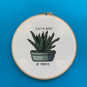 Eat a bag of pricks - Easy, cactus themed, subversive cross stitch pattern - supplied as PDF file