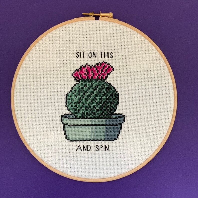 Sit on this and spin Cactus themed, subversive cross stitch pattern supplied as PDF file image 3