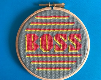 Boss, 4 inch, inspirational, modern cross stitch kit with embroidery hoop