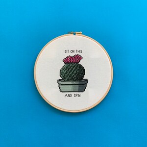 Sit on this and spin Cactus themed, subversive cross stitch pattern supplied as PDF file image 5