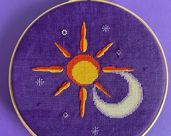Astral - Sun & Moon - Bold copper, cross stitch kit, with 28ct linen and 8 inch embroidery hoop