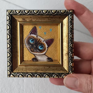 Peinture à l'huile de chaton siamois encadrée d'or d'art de chat 1.8*1.8"