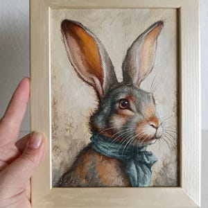 Pintura al óleo Retrato de conejo con bufanda Enmarcado Pequeña obra de arte original 5×7 pulgadas