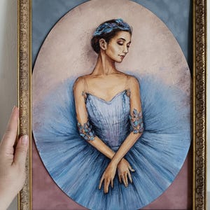 Oil Painting Blue Ballerina oval framed portrait artwork 11.8x15.7 in