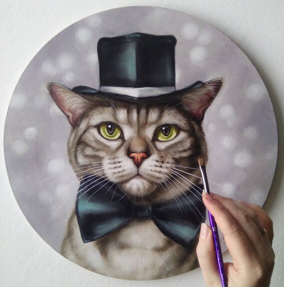 Katze Im Hut Und Fliege Olgemalde Tierbild Katze Kunst Etsy