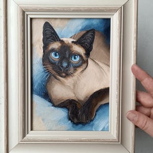 Peinture originale à l'huile de chat siamois encadré portrait art 5,1 * 7"
