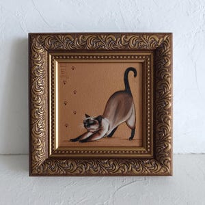 Siamese Cat Oil Painting Original Miniature Framed Gold Artwork 4x4 in