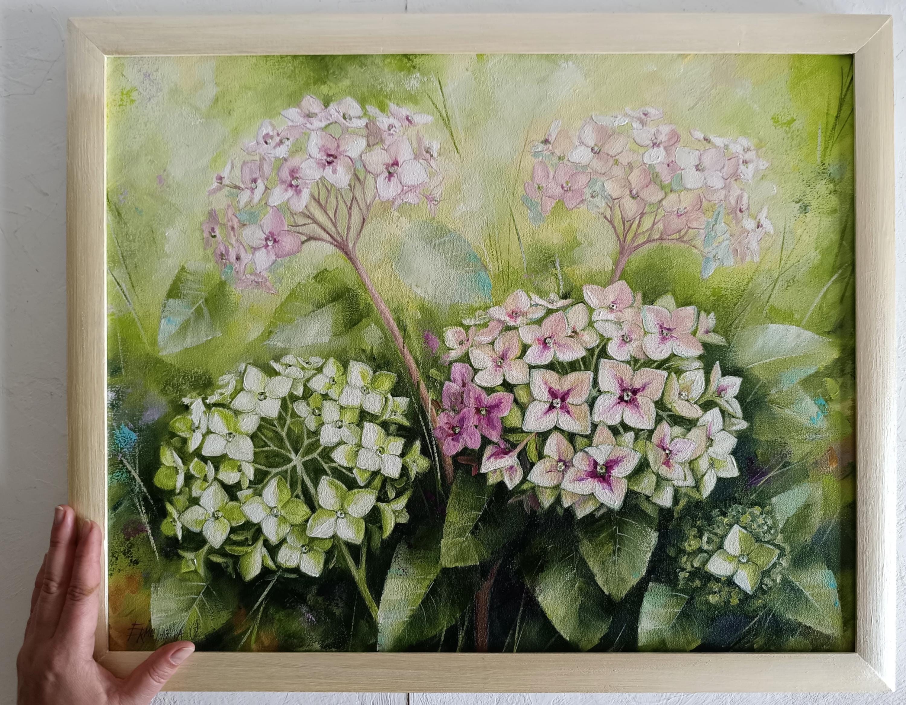 アジサイガーデン キャンバスに油絵 花のアートワーク 13 x 15インチ