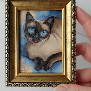 Pintura original de gato siamés de ACEO, arte de gato pequeño, 2,5 x 3,5 pulgadas