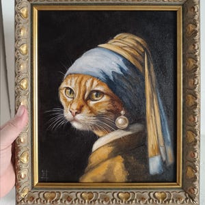 Red Cat with Earring Vermeer Style Oil Painting Framed Original 7.8x9.8&quot;