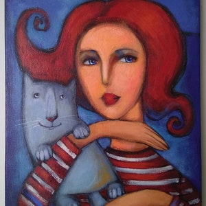 Girl with cat oil painting Original abstract woman portrait 11.8*15.7&quot;