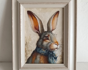 Rabbit Oil Painting Original Framed Bunny Portrait Small Animal Wall Artwork 5×7 in