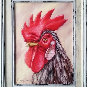 Oil Painting Rooster | Colorful Farm Animal Artwork | Country Kitchen Wall Art 7x9.8 in