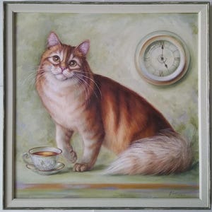 Ginger Cat Ölgemälde: Grüne Schleife, Teetasse - 50x50cm