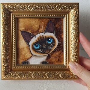 Peinture originale à l'huile de chaton siamois petit art de chat 3,9 * 3,9"