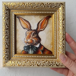 Rabbit Alice in Wonderland Fantasy Mini Framed Oil Painting 4*4&quot;