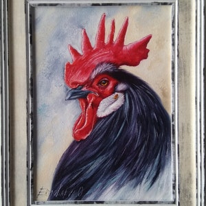 Dark Rooster Oil original Painting bird Art Wall decor