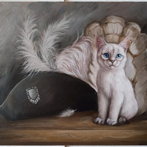 Pintura al óleo original de un gatito con un sombrero de tres picos, bodegón vintage, 35 x 45 cm