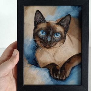 Peinture originale à l'huile de chat siamois encadré portrait art 5,1 * 7"