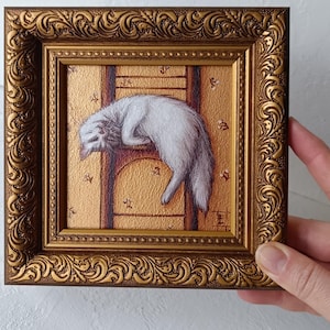 White cozy sleeping cat oil original small painting Cat Art 3.9*3.9&quot;