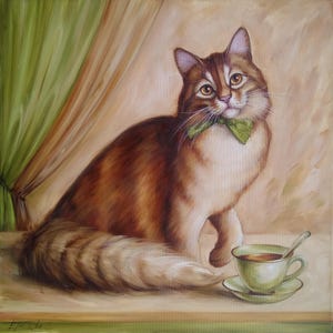 Pintura al óleo Gato jengibre con lazo verde y taza de té Regalo para amantes de los gatos 19,7 x 19,7 pulgadas