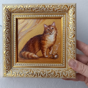 Petite peinture originale de chat roux avec de l'huile de café petite art de chat 3,9 * 3,9"