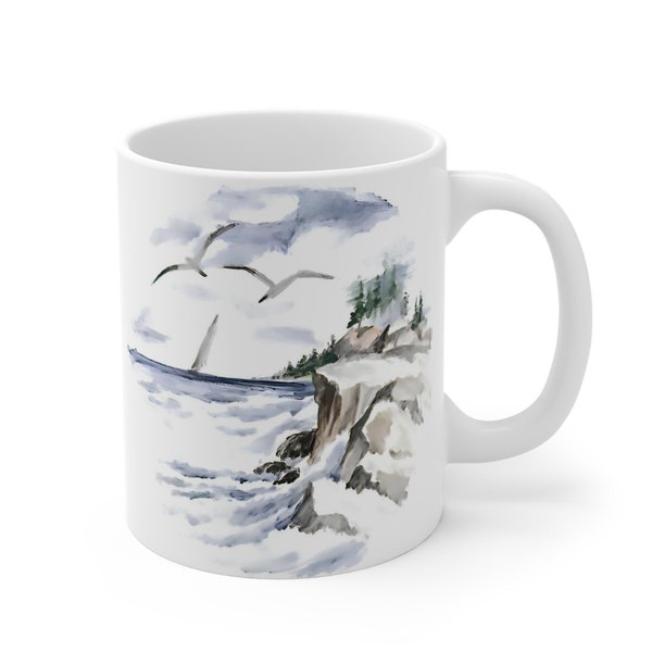 Sea Coast Mug, Nature Mug Sea Shore Design, Watercolor Paint Mug, East coast gift, West coast gift mug, Maine Mug, Seascape watercolor gift