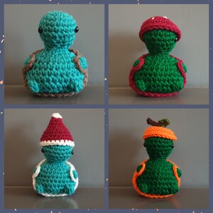 May include: Four crocheted turtle amigurumi toys. One is green with a red mushroom on top, one is green with an orange pumpkin on top, one is blue with a red Santa hat on top, and one is blue with no additional decorations.