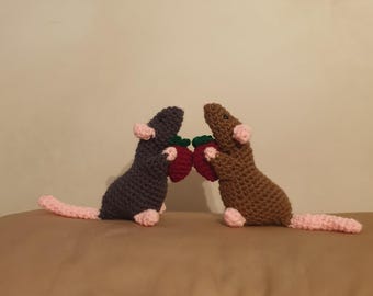 Rats Holding Strawberries | Crochet Mini Amigurumi Plush Gift | Handmade Grey/Brown Rodent | Small Cute Rat Stuffed Animal Plushie