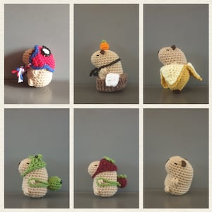 May include: Ten crocheted capybara plushies in various poses and outfits. The capybaras are wearing a variety of outfits, including a Spiderman costume, a pumpkin hat, a banana costume, a green leaf costume, a red leaf costume, and a plain brown outfit.