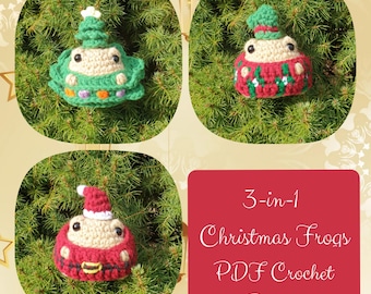 PDF-virkmönster för grodor till jul | Amigurumi-groddocka med djurmönster och vintertillbehör | LÅG SÖMNAD Avancerat virkmönster för jul